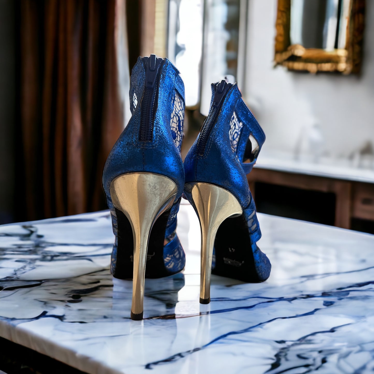 Lyra Blue Lace 4" Gold Heel